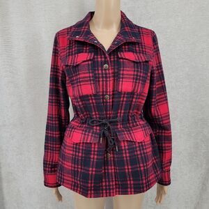 Levi's Red Black Plaid Wool Blend Cinch Waist Jacket Coat Women's XS Cabincore